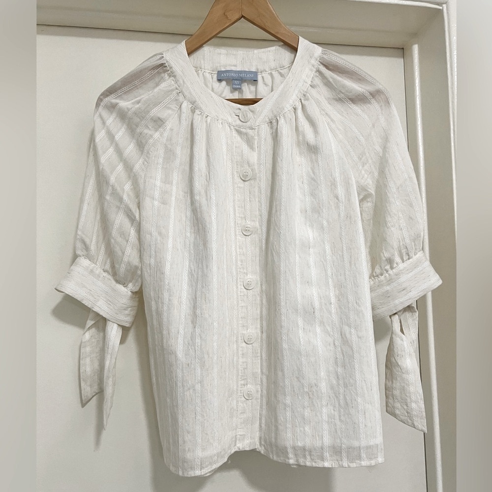 ANTONIO MELANI Cream Linen-Blend Button-Down Blouse XS